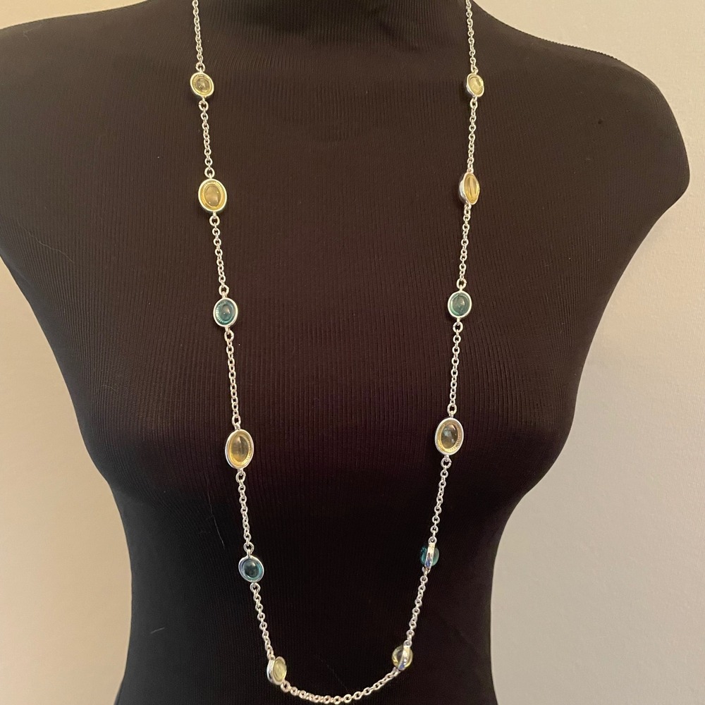 Gloria‎ Vanderbilt 80's/90s Multi Stone Station Long Necklace Amber Teal Yellow